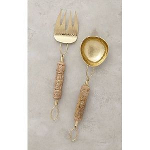 Gold Stainless Steel Serving Spoon and Fork with Wood Handle