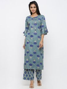 Blue Cotton Printed Palazzo Suit