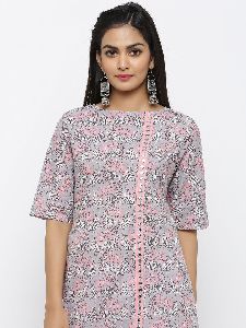 Womens Printed A-Line Kurta with Mirror Work