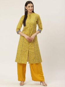 Yellow Cotton Printed A-line Kurta