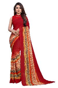 Printed Georgette Red Saree