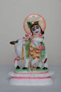 White Marble Krishna Statue with Cow