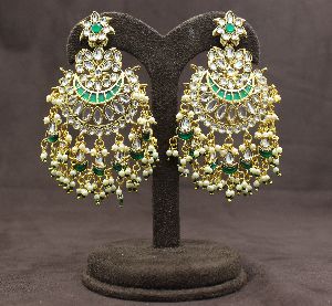 kundan chand bali green long gold plated earrings