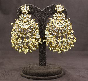 Pachi Kundan White Color Chandbali Long Gold Plated Earrings