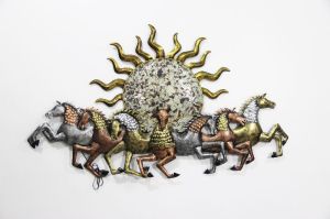 Metal Running Horse Behind Sun in Golden Wall Art with LED