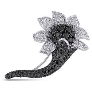 4.98 Carat Black Diamond Flower Brooch In 14k White Gold