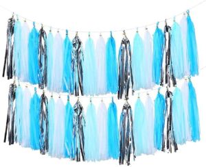 HIPPITY HOP TISSUE PAPER GARLAND POM POM TASSELS BLUE SILVER ( PACK OF 1 )