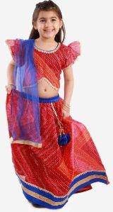 Kids Bandhani Print Flutter Sleeve Choli With Lehenga Set