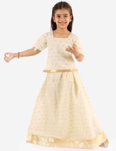 Kids Gold Weave Jacquard White Lehenga Choli