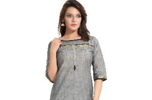 QS 6294 Grey Women Cotton Handloom Kurta With Plating