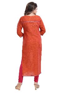 QS 6294 Rust Orange Women Cotton Handloom Kurta With Plating