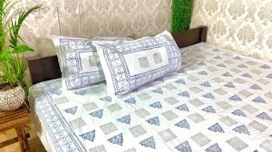 DKWTGRYBLU201 Hand Block Printed Cotton Double Bedsheet