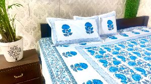 DKWTLBLU124 Hand Block Printed Cotton Double Bedsheet