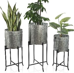 Set 3 Large Galvanized Planters Outdoor & Indoor, Metal Farmhouse Decor for Garden