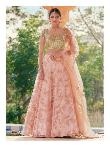 Threaded Peach Net Lehenga