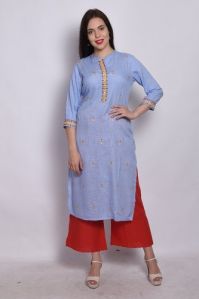 Rayon Slub Heavy Blue Mirror Embroidery Work Kurti