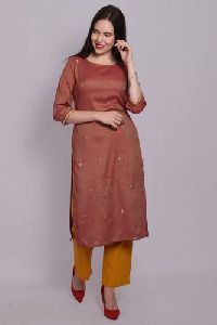 Rayon Straight Dual Tone Mirror Embroidery Work Kurti