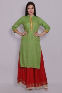 Rayon Straight Green Mirror Embroidery Work Kurti