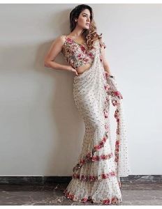 Designer Embroidery Sequins Work Ruffle Saree