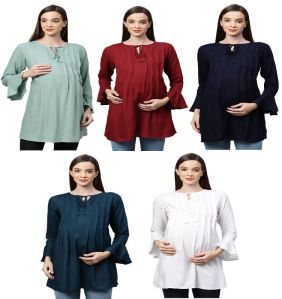 women rayon tie-up neck regular longline maternity top