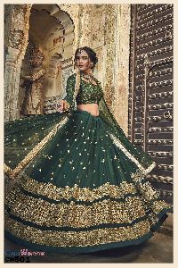 GREEN EMBROIDERED NET UNSTITCHED LEHENGA