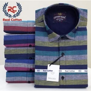 REAL COTTON MEN'S COLLAR NECK FANCY AUTO STRIP CHECK SHIRT