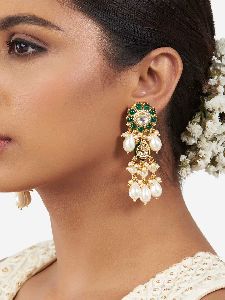 Green White Gold Tone Kundan Earrings