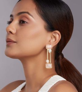 Rose Quartz Drop Earrings with Gold Pipes