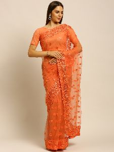 999 Net Peach Thread Embroidered Saree