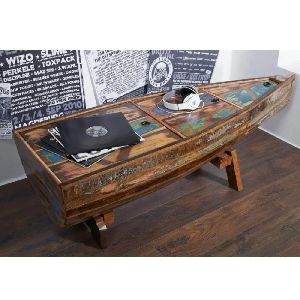 Unique Solid Wood Recycled Coffee Table In Boat Shape