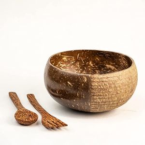 Inaithiram CSBH Coconut Shell Bowl 500ml with a Spoon and a Fork Handmade & Polished (Brown)