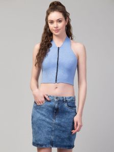 Womens Girls Zipper Solid Crop Top