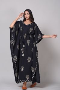 Mughal Buta Print Off White and Black Nighty Kaftan