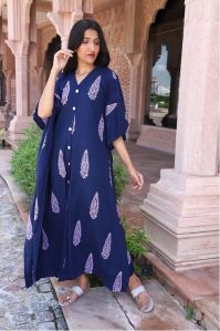 Paisley Indigo Printed V-Neck Nighty Kaftan