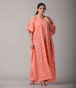 Peach and Off White Block Printed Feeding Kaftan