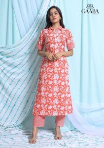 TOMATO RED CALM COTTON KURTA PANTS SET WITH TURNUP SLEEVES