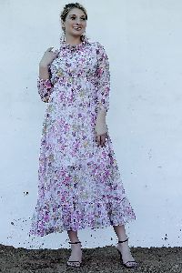 Ladies Pink Floral Printed Tie Up Neck Long Dress