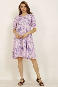 Ladies Purple Tie Dye Printed V Neck A Line Dress