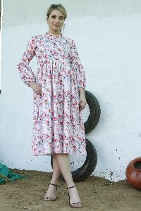Ladies White Floral Printed A Line Long Dress