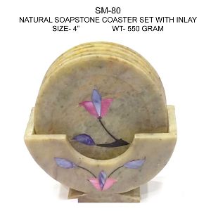 Natural Soapstone Coaster Set with Inlay Work