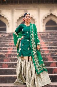 Green Silk and Kamkhwab garara set with gota patti work on Shirt and Dupatta