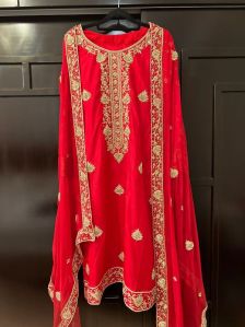 Red pure silk suit with pure chiffon dupatta, Full zardozi hand work