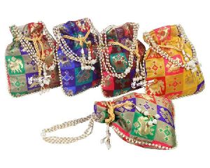 Ethnic Silk Jamavar Potli Bags for Women, Potli Pouches with Pearl Handle, Potli Purse for Return Gi