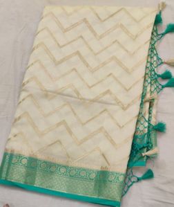 White Green Border Matka Silk Saree