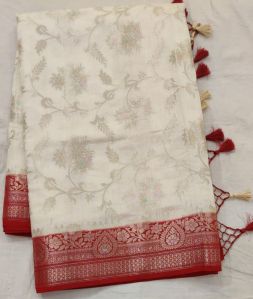 White Red Border Matka Silk Saree