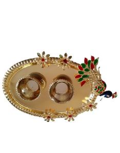 Small Metal Peacock Pooja Thali Set With Two Small Bowl