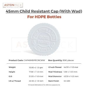 45mm Child Resistant Caps (CRC) w/ Wads (For HDPE Bottles)
