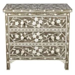 Wooden Bone Inlay Grey Chest of Drawer Dresser Floral Pattern