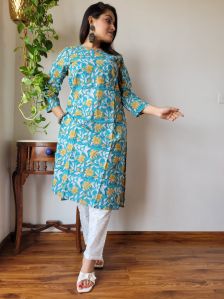 Exclusive Hand block printed Stitched Cotton Kurtis with Pant