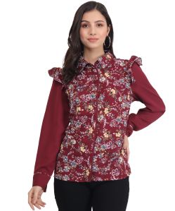 Casual Burgundy Full Sleeves Printed Women Top